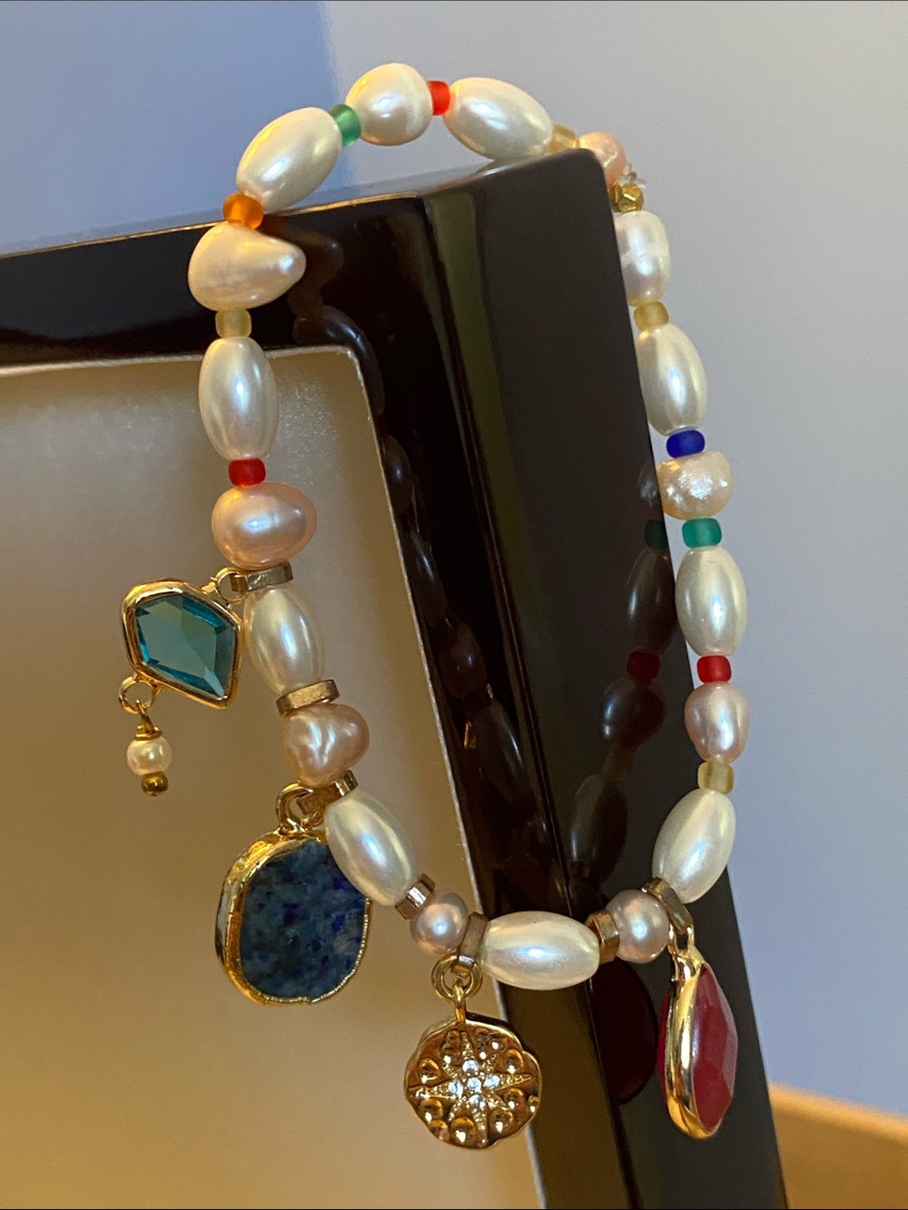 Freshwater Pearl & Colourful Gem Charm Bracelet Gold Tone